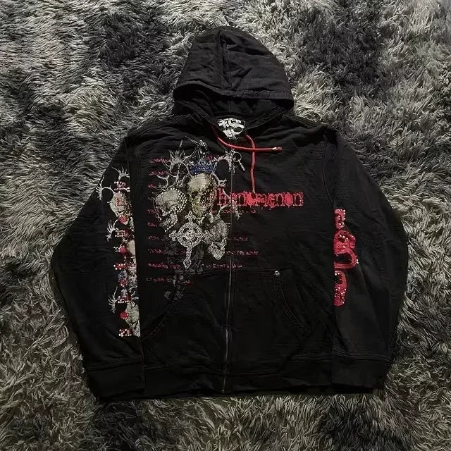 Distress Y2K Gothic Skull Hoodie black4 / S