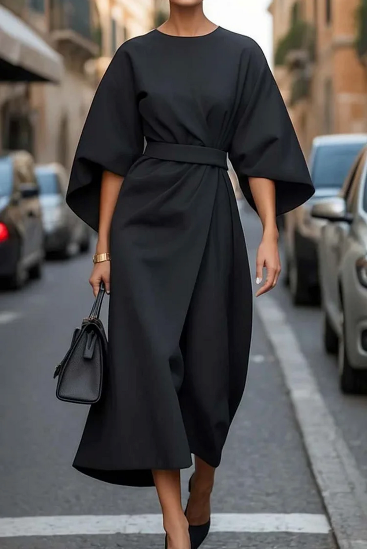 Balloon-Sleeve Dress with a Round Neck
