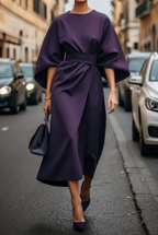 Balloon-Sleeve Dress with a Round Neck