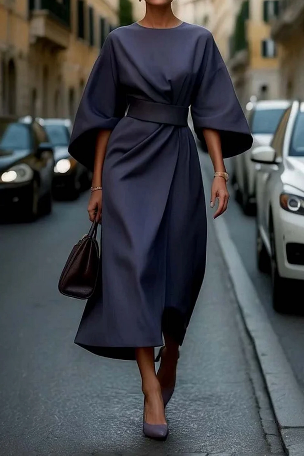 Balloon-Sleeve Dress with a Round Neck