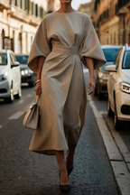 Balloon-Sleeve Dress with a Round Neck
