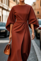 Balloon-Sleeve Dress with a Round Neck