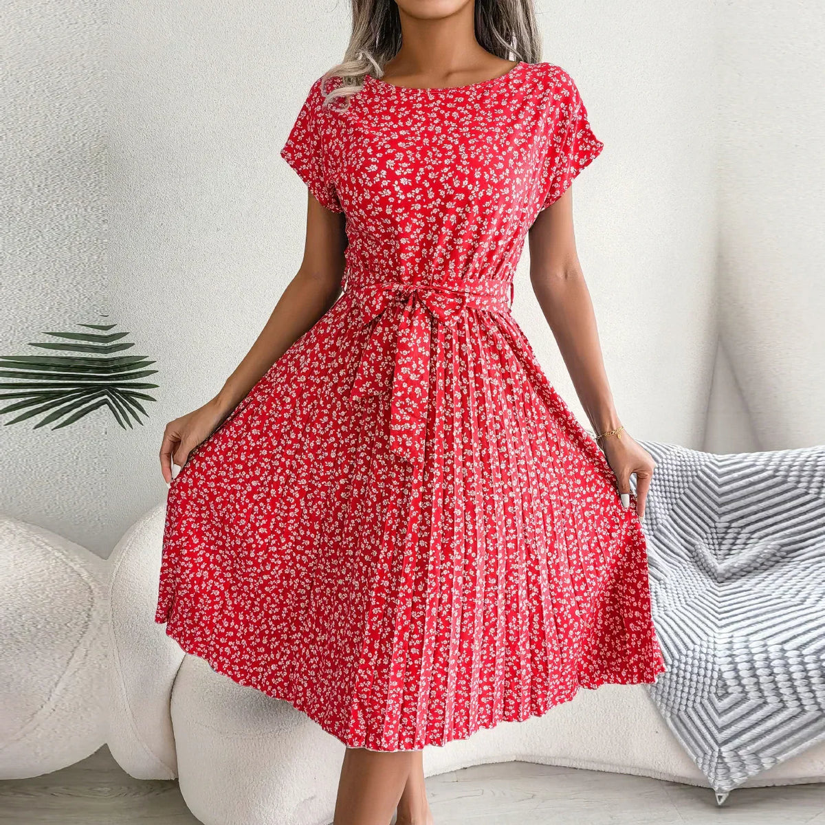 Floral High-Rise Dress with Pleat Details