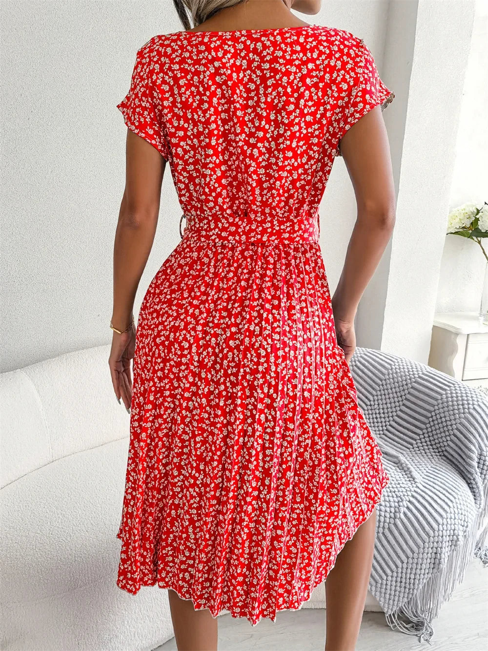 Floral High-Rise Dress with Pleat Details