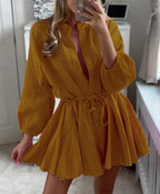 V-Neck Balloon-Sleeve Dress with Button Details