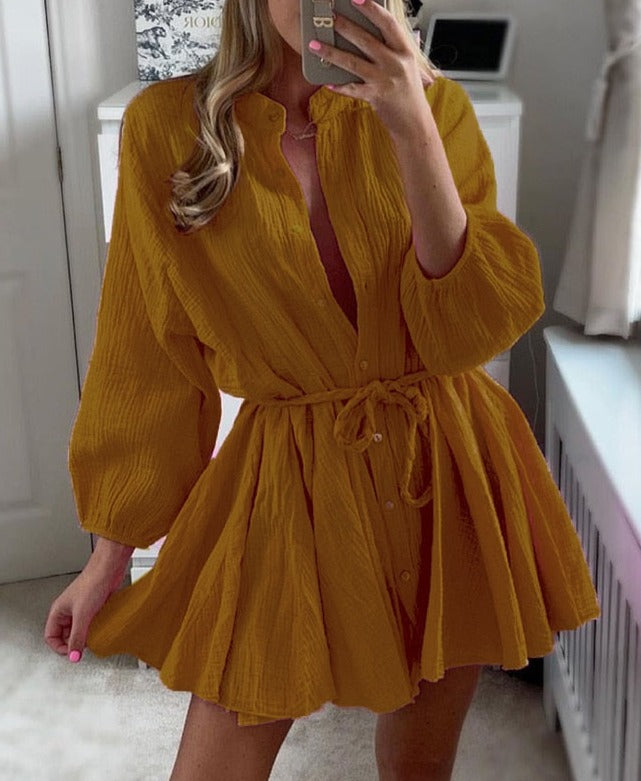 V-Neck Balloon-Sleeve Dress with Button Details