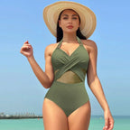 Solid Mesh V-neck One Piece Set army green / S