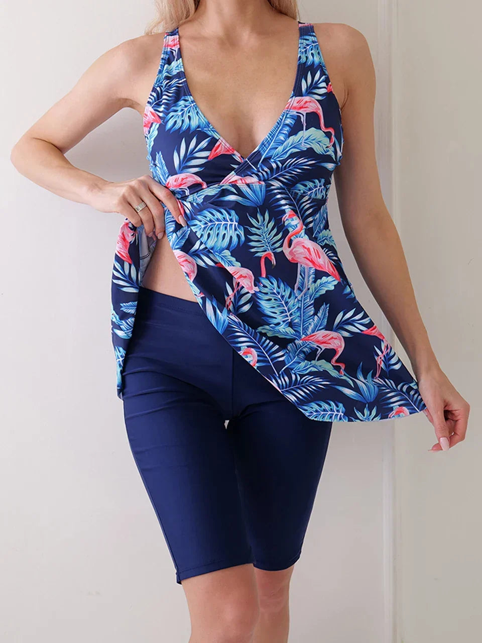 Straped Print Beach Dress Two Piece Set Purplish Blue / S