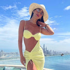Ruched Hollow Yellow Beach Bikini Set yellow / S