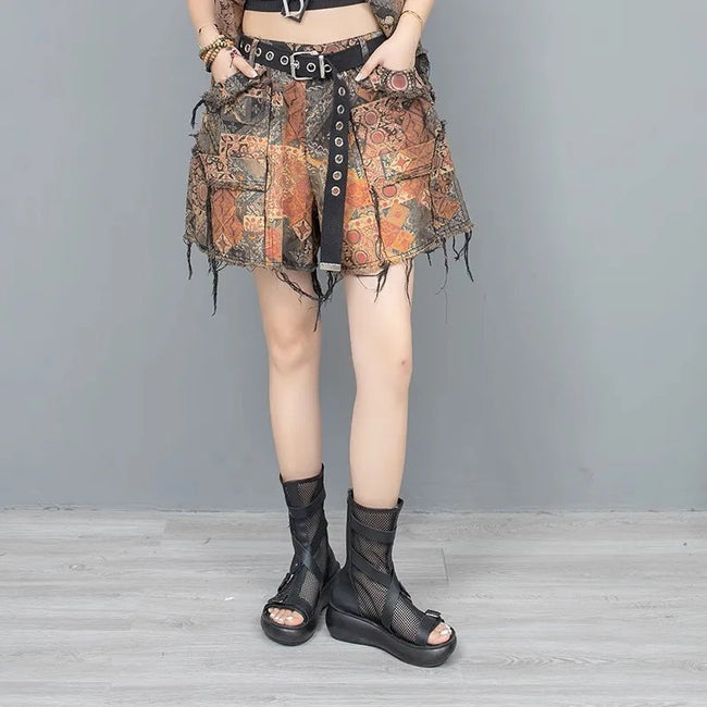 Distraught Imprinted Denim Short brown / One Size Main image