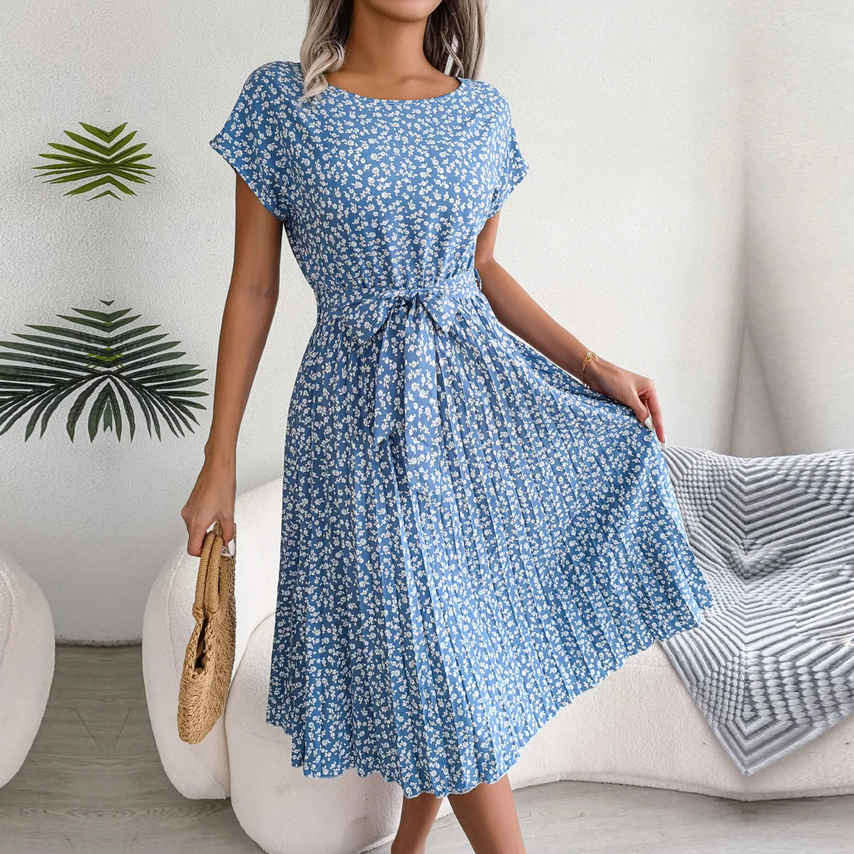 Floral High-Rise Dress with Pleat Details