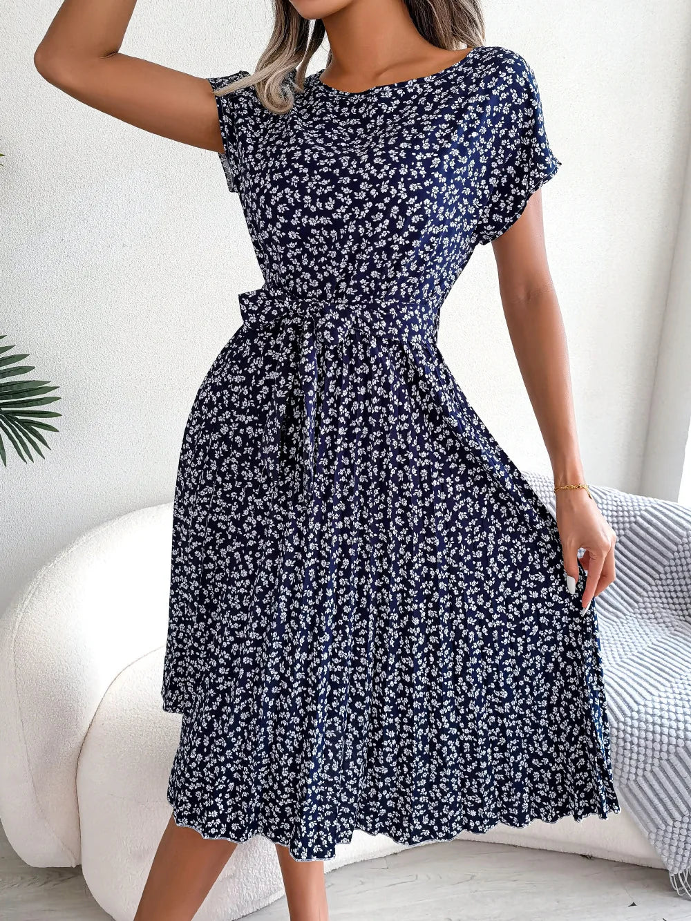 Floral High-Rise Dress with Pleat Details