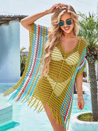 Contrast Color Tassel Hollow Beach Cover Up color7 / One Size