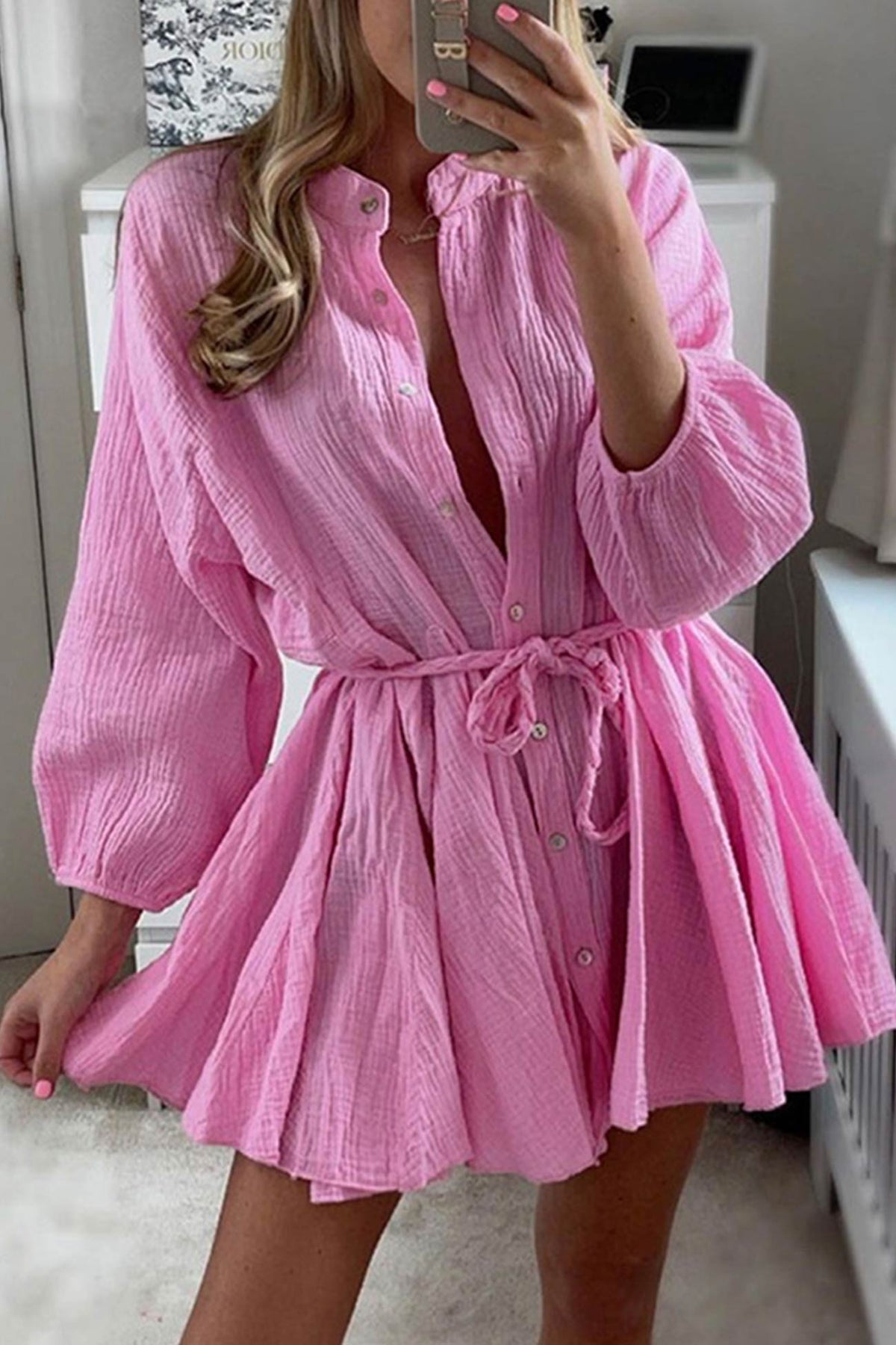 Ruffled Single-Breasted Dress with a Waist Tie