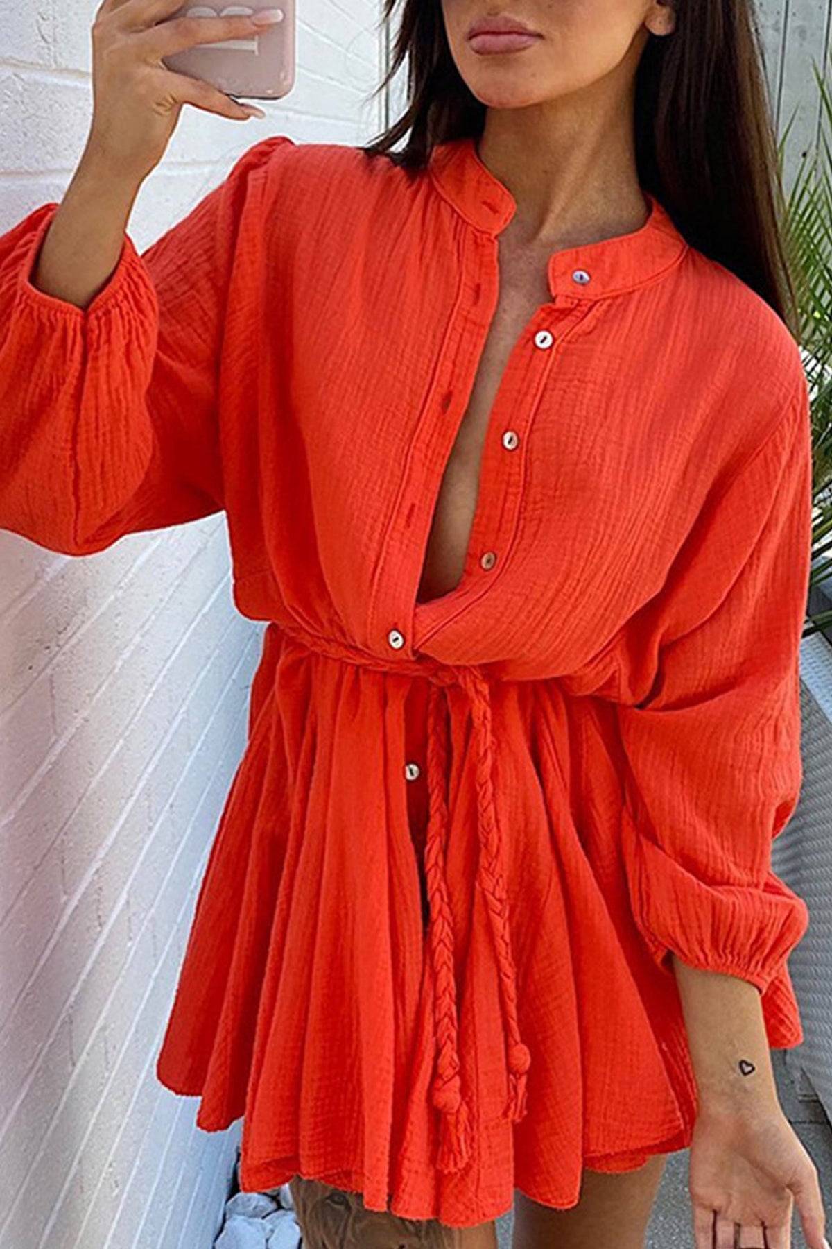 Ruffled Single-Breasted Dress with a Waist Tie