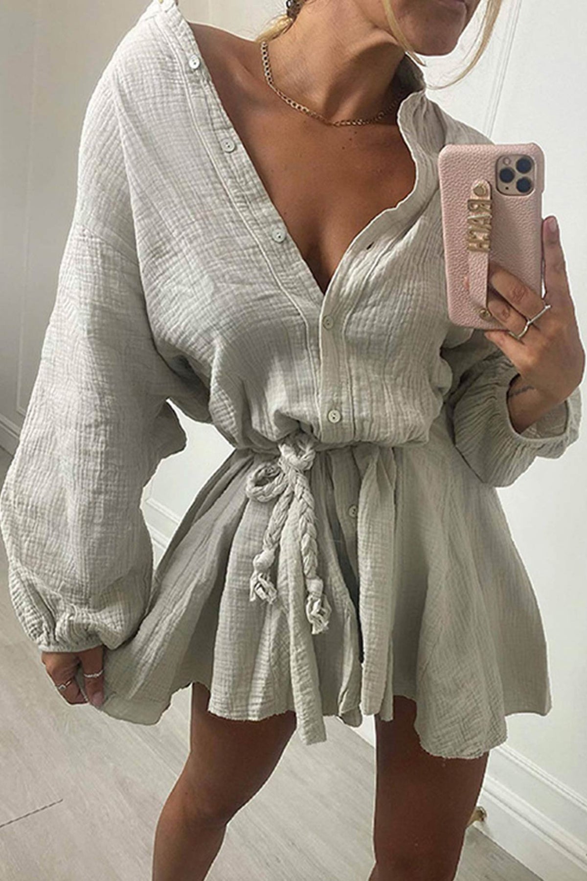 Ruffled Single-Breasted Dress with a Waist Tie