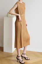 Ruched Sleeveless Midi Dress with Lace-Up Details