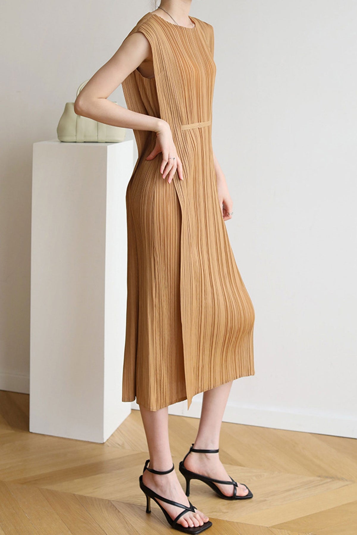 Ruched Sleeveless Midi Dress with Lace-Up Details