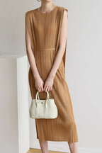 Ruched Sleeveless Midi Dress with Lace-Up Details