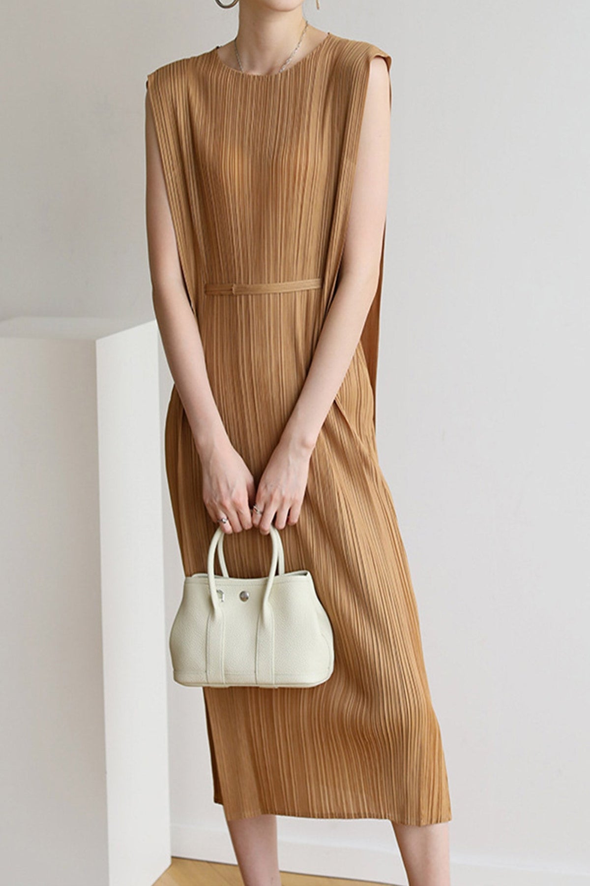 Ruched Sleeveless Midi Dress with Lace-Up Details