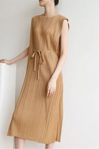 Ruched Sleeveless Midi Dress with Lace-Up Details