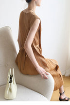 Ruched Sleeveless Midi Dress with Lace-Up Details