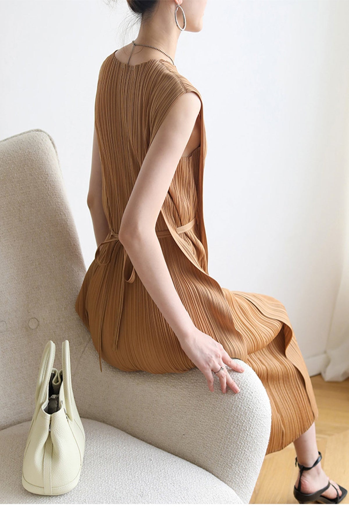 Ruched Sleeveless Midi Dress with Lace-Up Details