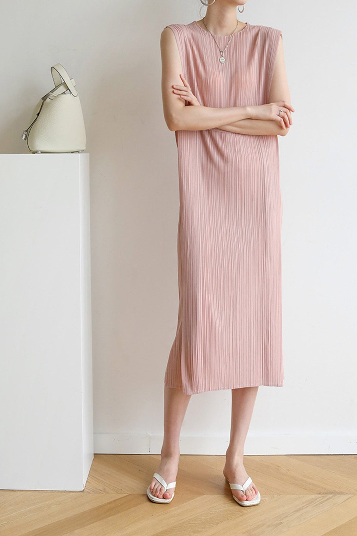 Ruched Sleeveless Midi Dress with Lace-Up Details