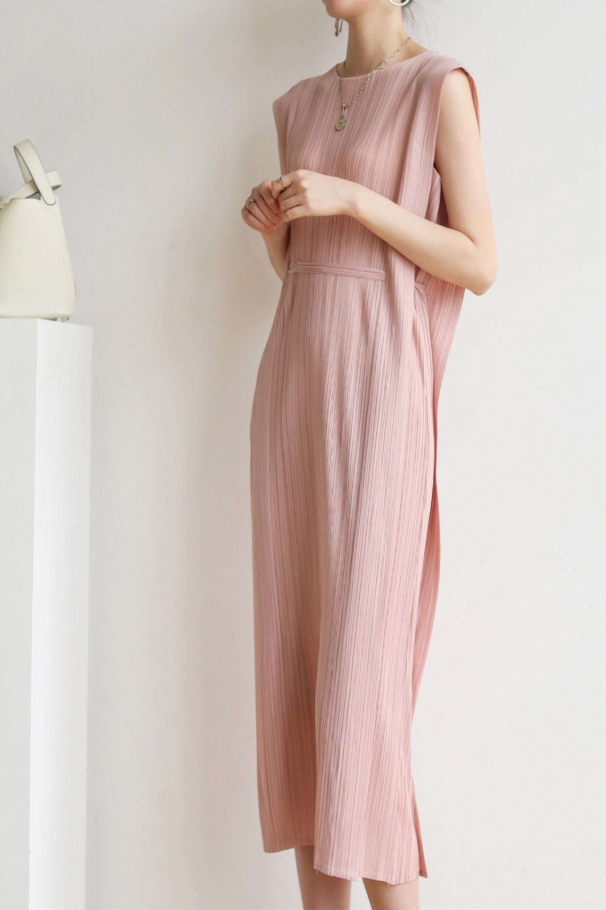 Ruched Sleeveless Midi Dress with Lace-Up Details