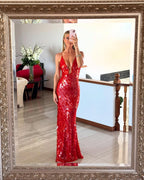 Plunging-V Mermaid Maxi Dress with Sequin Detail