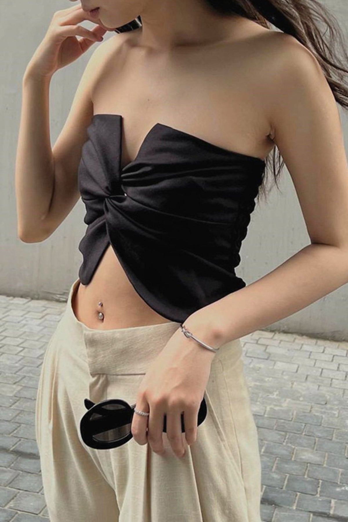 Strapless Cropped Twist-Detail Crop Top