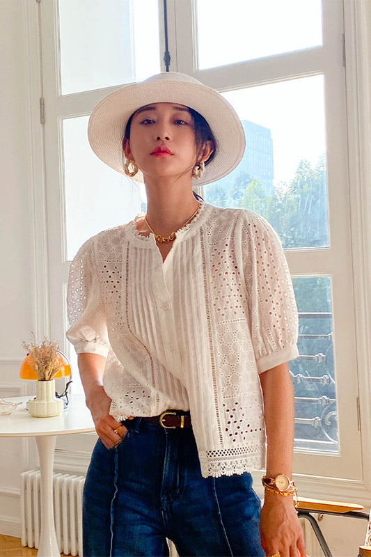 Lace Crochet Button-Up Cotton Shirt Blouse
