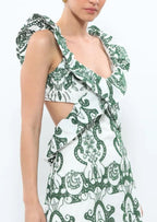 Plunging-V Ruffled Maxi Dress with an Open Back