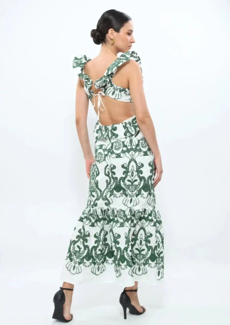 Plunging-V Ruffled Maxi Dress with an Open Back