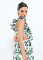 Plunging-V Ruffled Maxi Dress with an Open Back