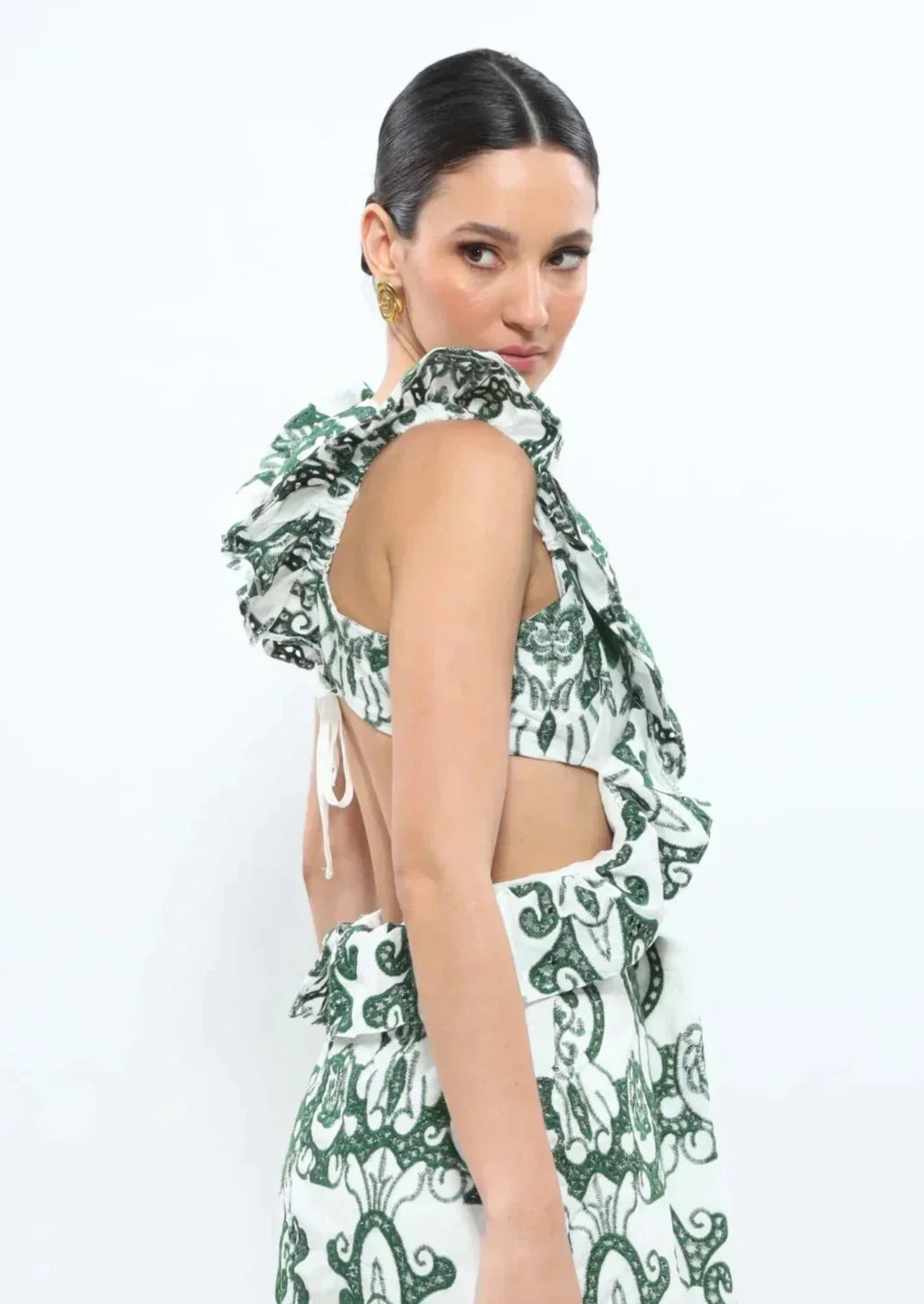 Plunging-V Ruffled Maxi Dress with an Open Back