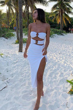 Strapless Drawstring Slit-Detail Dress with Cutout Details