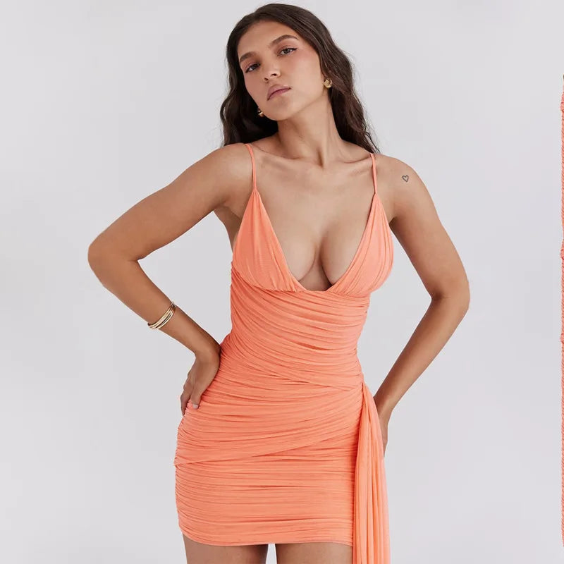 Pleated Ribbon Slim Bodycon Vacation Dress vacationdress-250223