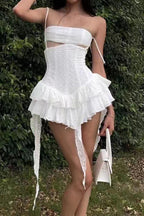 White Jacquard Cutout Ruffled Dress