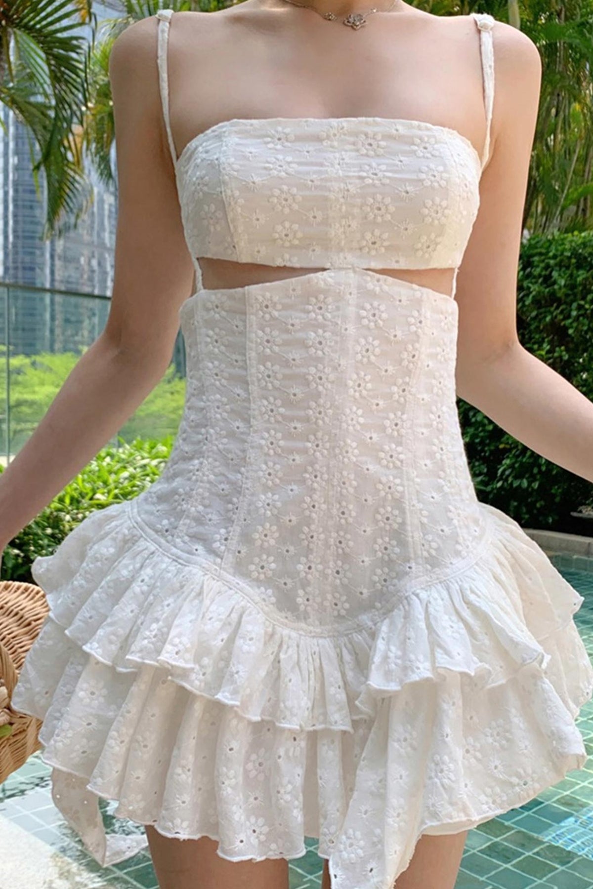 White Jacquard Cutout Ruffled Dress