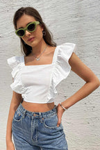 White Cropped Crop Top with Ruffle Details
