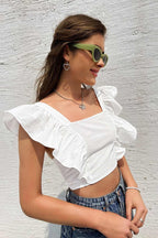 White Cropped Crop Top with Ruffle Details