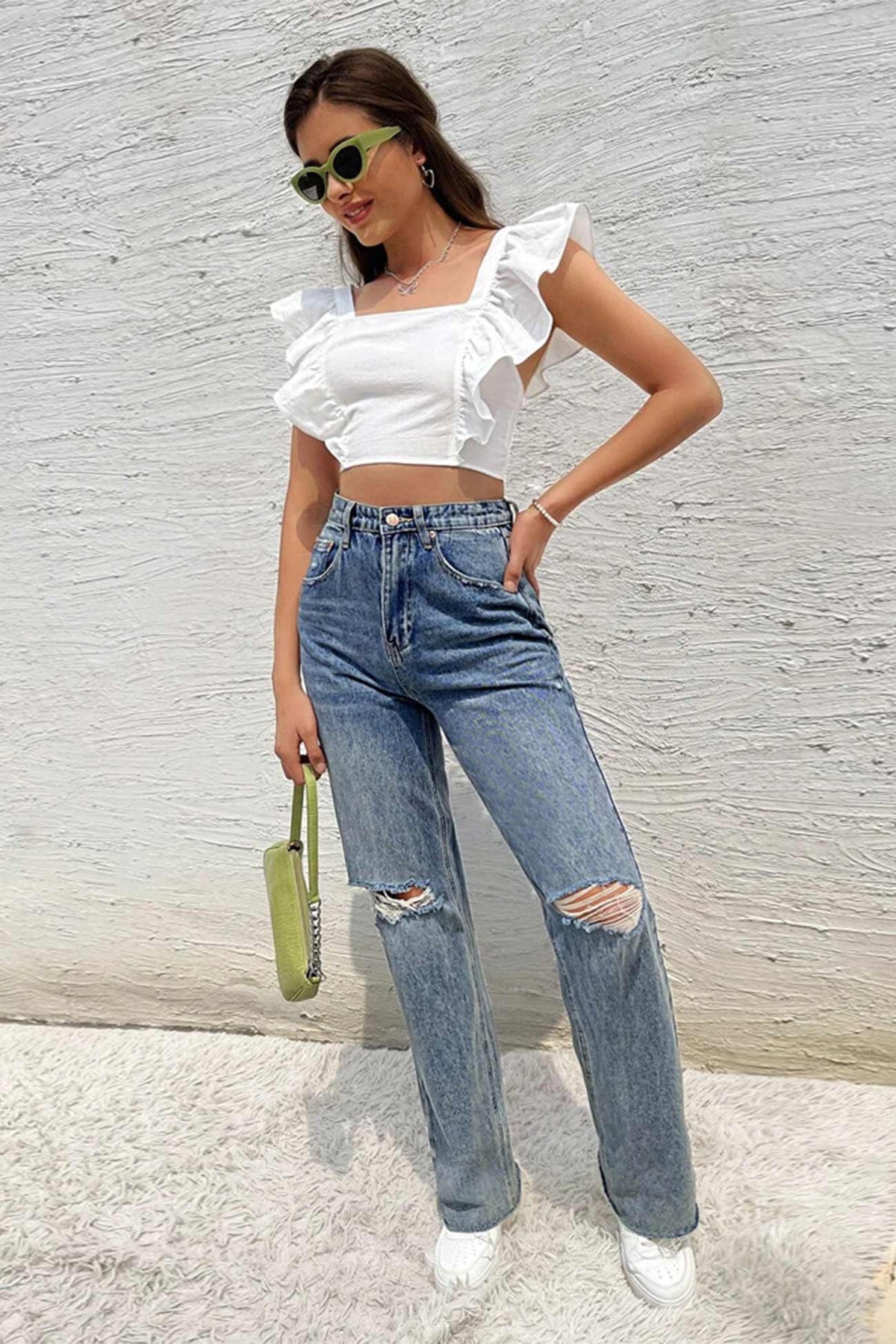 White Cropped Crop Top with Ruffle Details