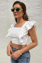 White Cropped Crop Top with Ruffle Details