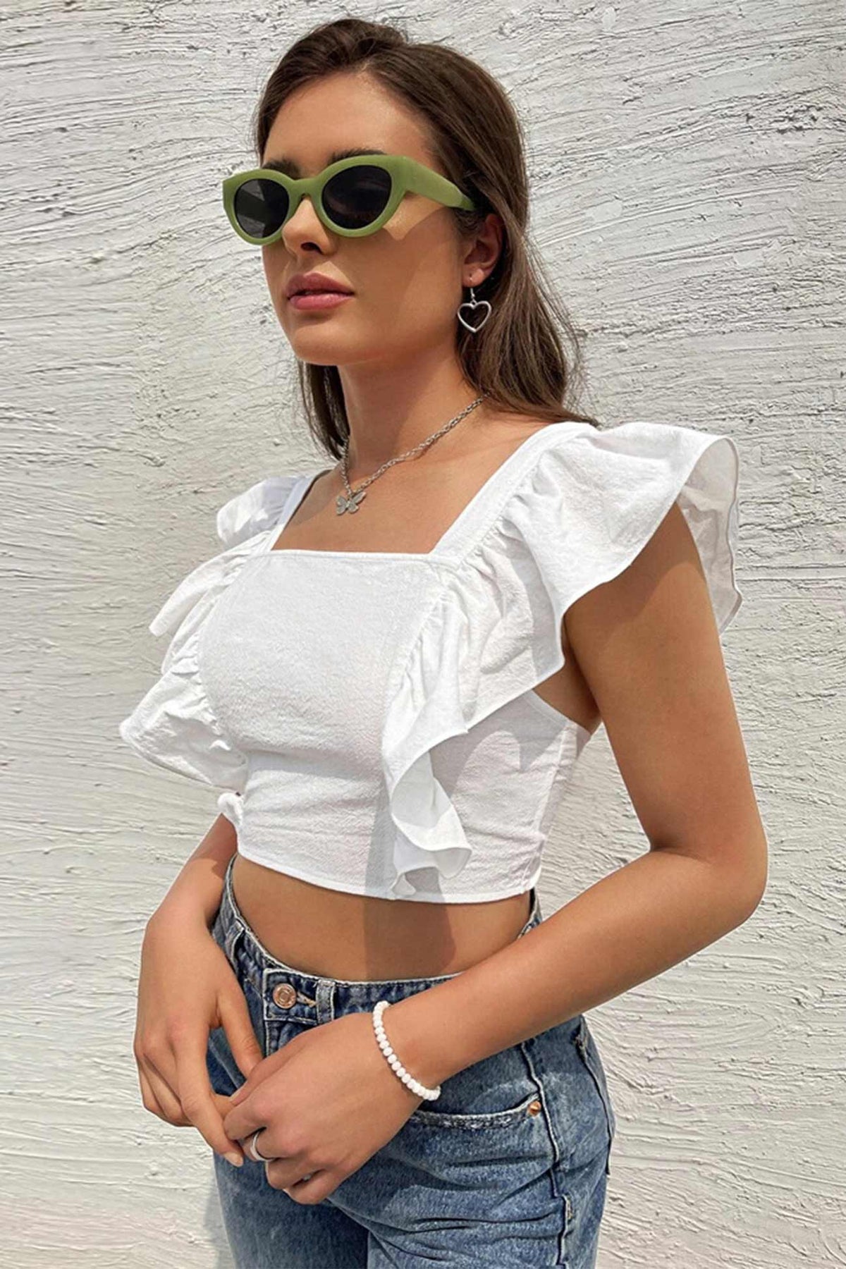 White Cropped Crop Top with Ruffle Details
