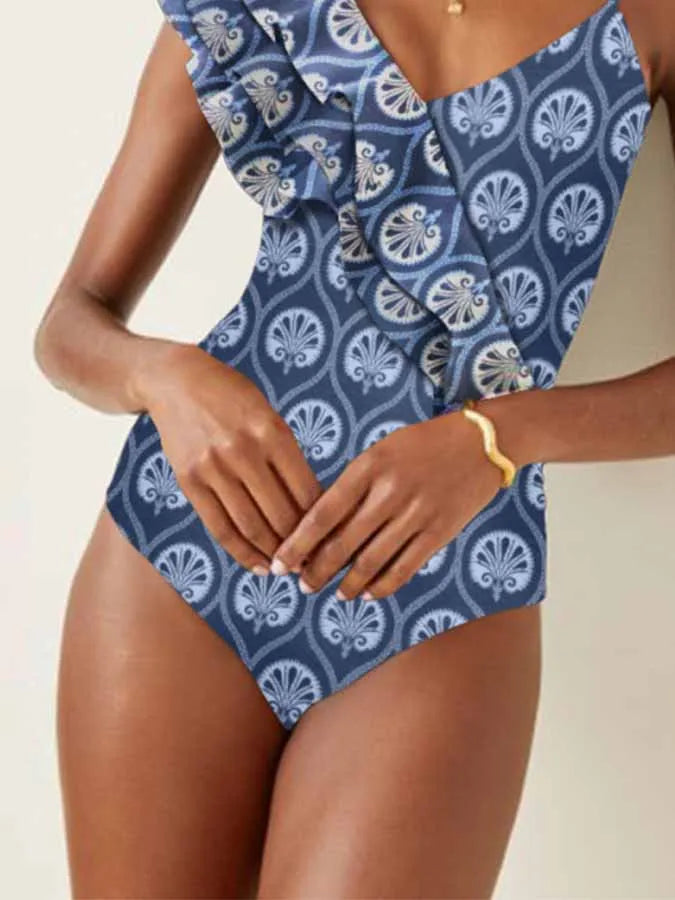 Blue Printed Deep V One Piece Swimsuit onepiece-250223
