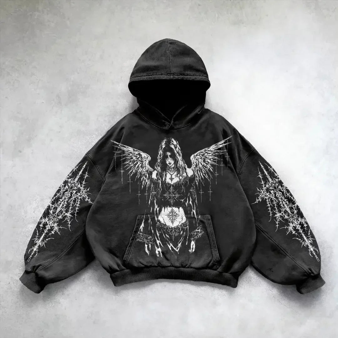 Distress Y2K Gothic Skull Hoodie black9 / S