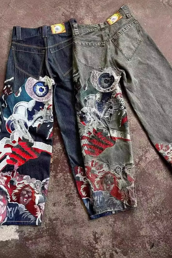 Washed Straight Jeans with Eye Artwork