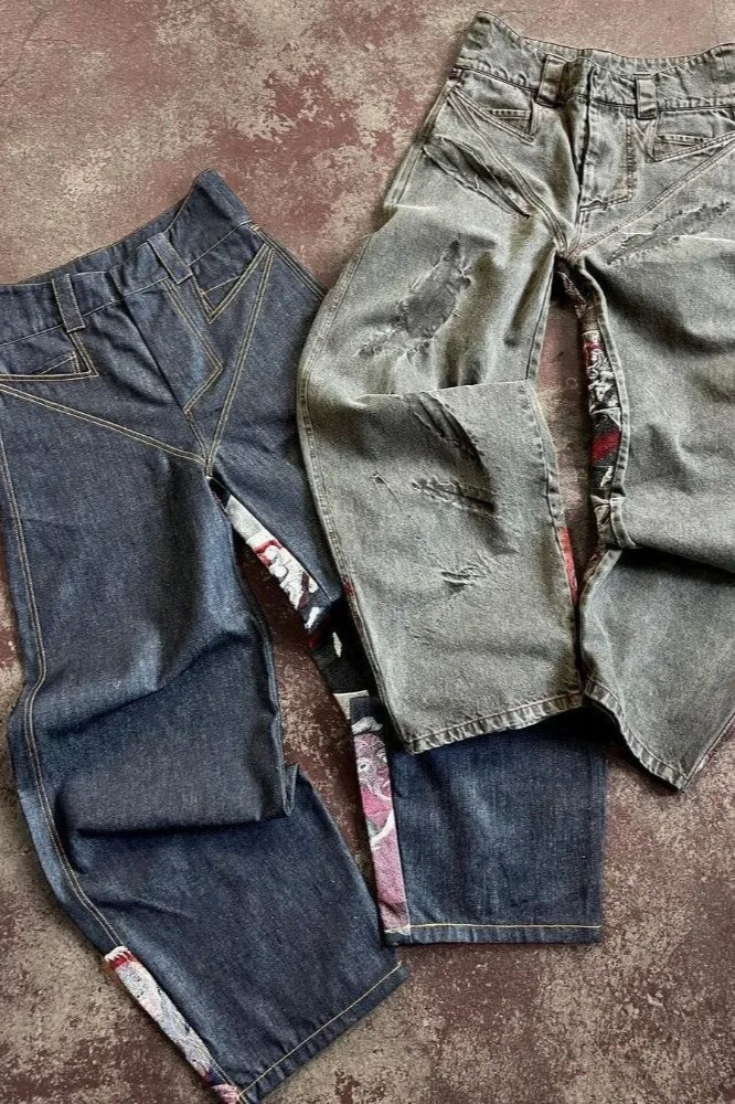 Washed Straight Jeans with Eye Artwork
