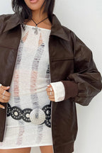 Lapel-Collar Faux-Leather Jacket